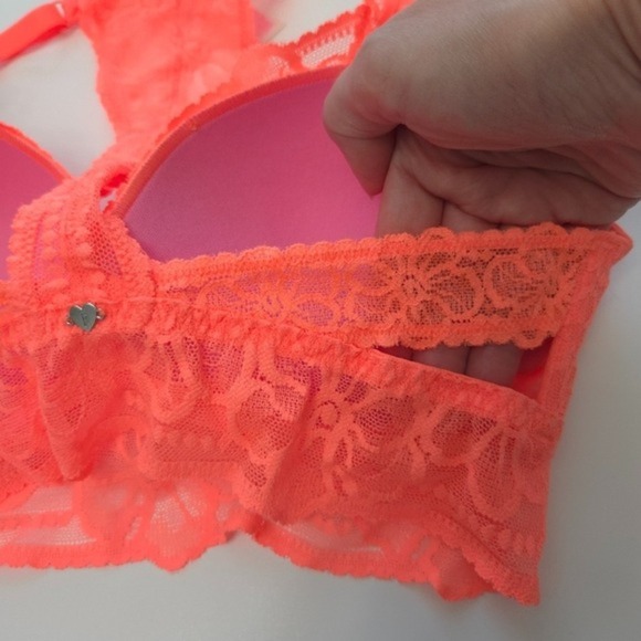 NWOT PINK Victoria's Secret Neon Coral Orange Push-Up Lace Racerback Bra- Small - Picture 4 of 5